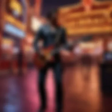 Close-up of a guitarist immersed in performance on Fremont Street