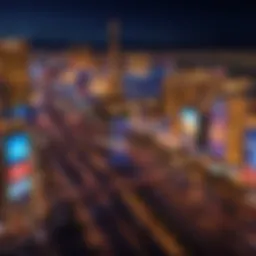 A panoramic view of the Las Vegas Strip illuminated at night, showcasing iconic landmarks.