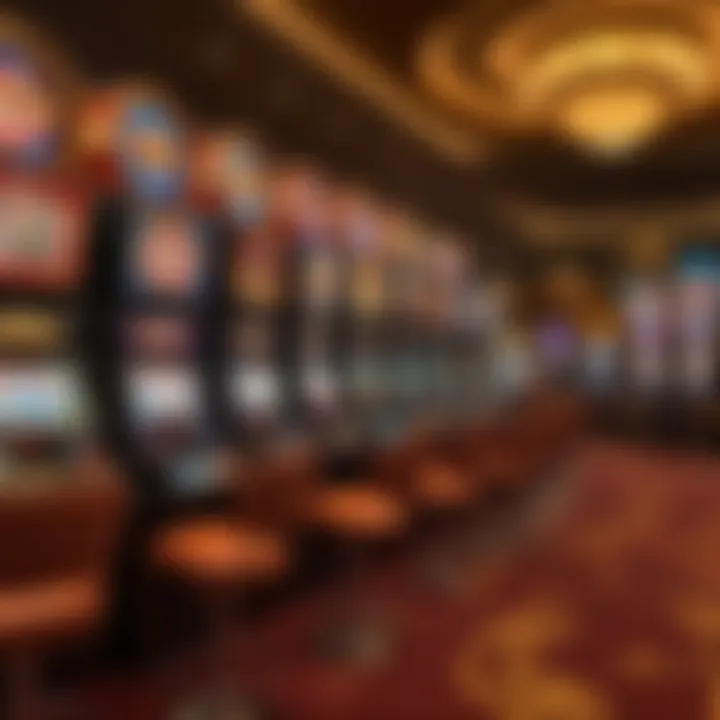 A luxurious gaming area filled with high-stakes poker tables and vibrant slot machines.