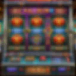 Close-up view of a slot machine screen displaying bright graphics and symbols