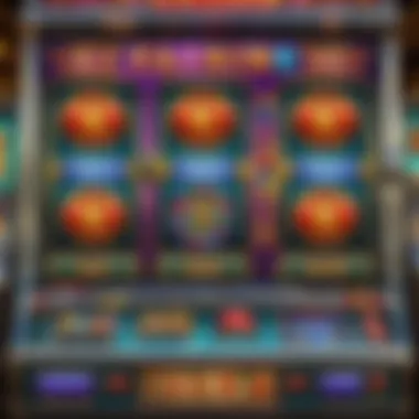 Close-up view of a slot machine screen displaying bright graphics and symbols