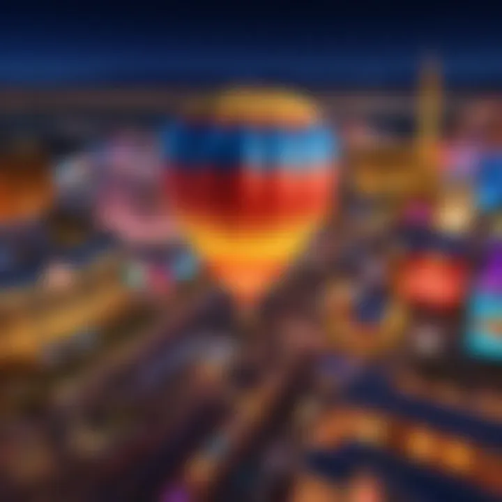 Colorful hot air balloons floating above the Las Vegas strip