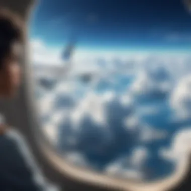 Passenger looking out of airplane window at clouds below