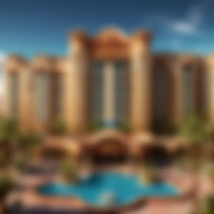 Rooftop pool with city skyline view at a non-resort fee hotel in Las Vegas