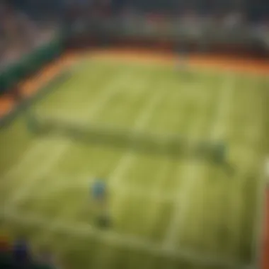 Tennis court with intense rally between players